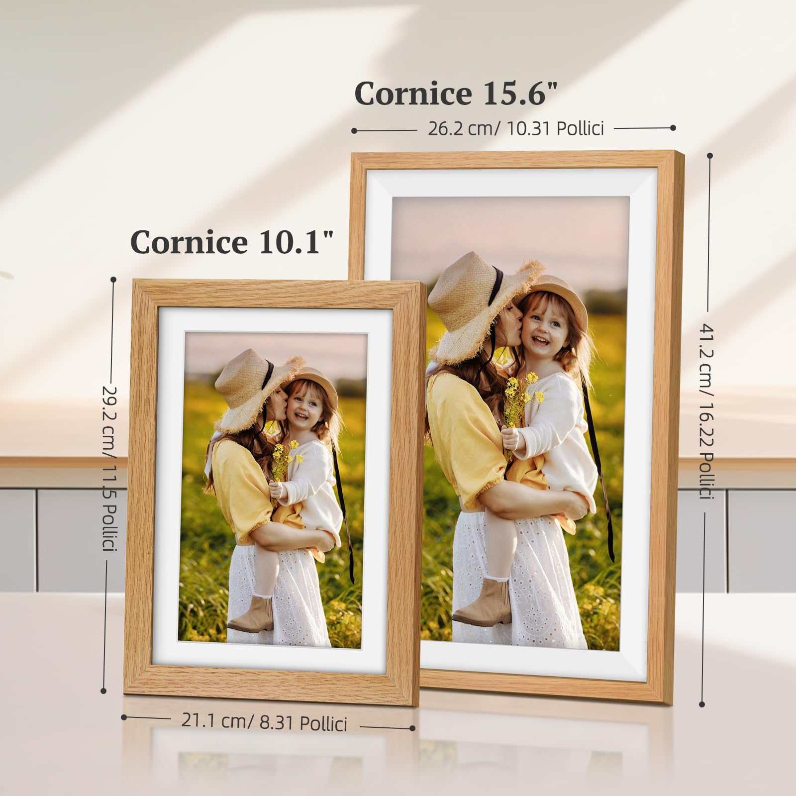 Frameo Cornice Digitale Foto Legno di Rovere 15.6 Pollici WiFi, Memoria da 32 GB, Touchscreen IPS FHD, Condividi Foto Video Tramite l'app Frameo, Regalo da Donna Uomo