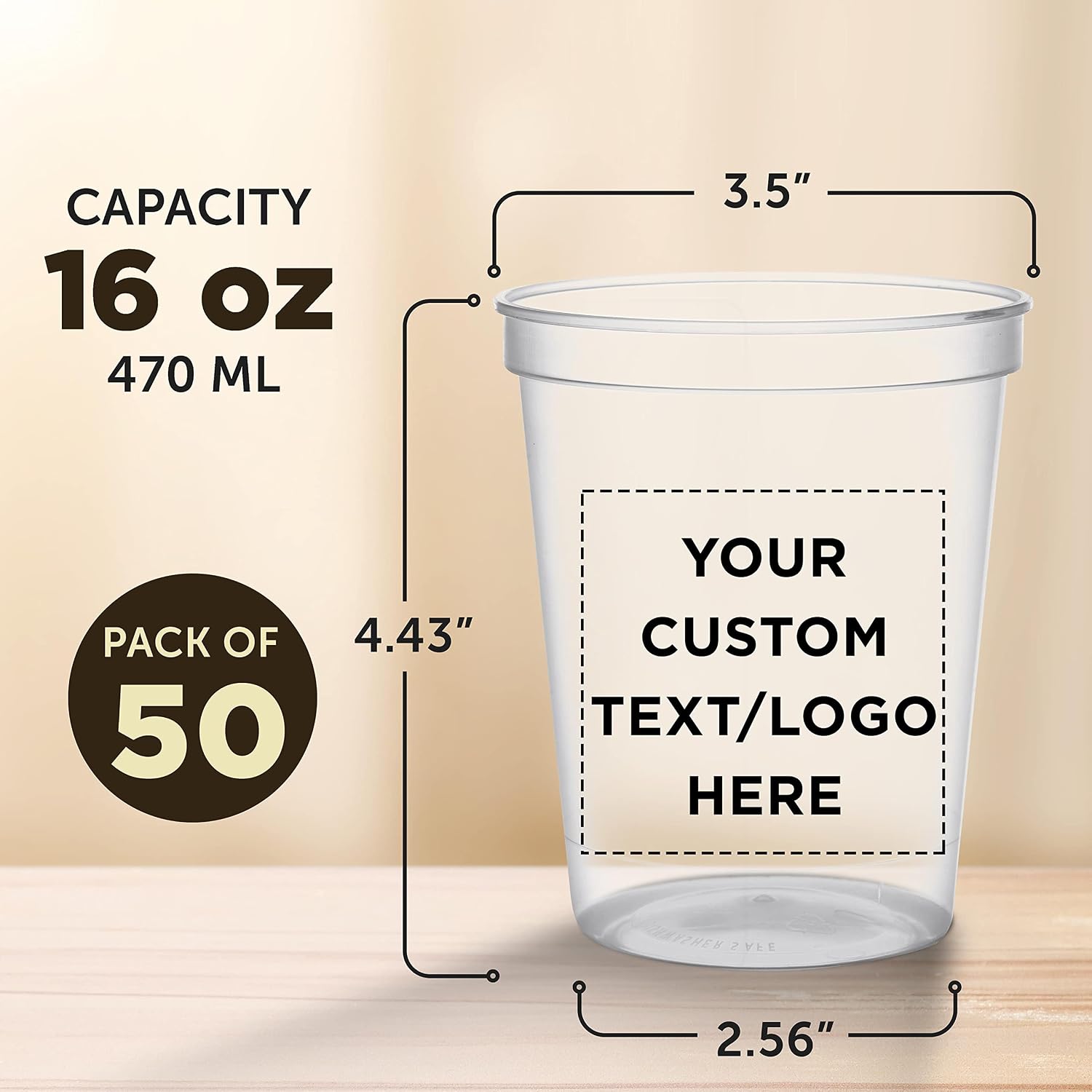 Custom Reusable Plastic Cups 16 oz. Set of 50, Personalized Bulk Pack - Perfect for Birthdays, Weddings, Picnic, Beach, Parties - Clear