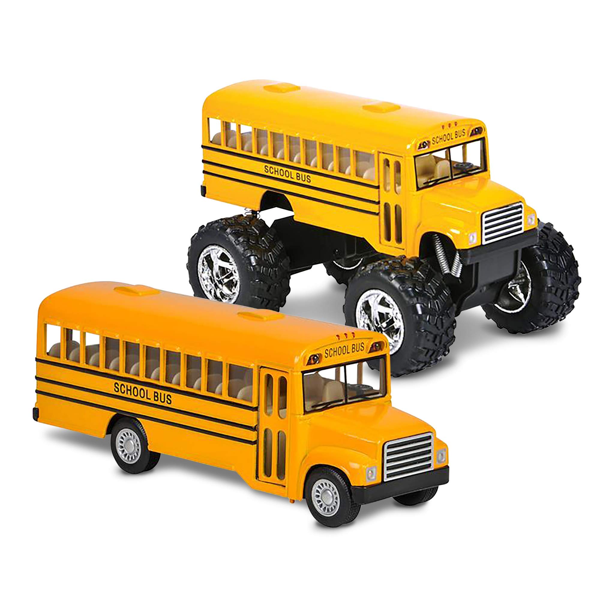 ArtCreativity5 Inch Pull Back School Bus Toy Set - Set of 2 - Includes 5 Inch Monster-Wheel Bus, Diecast Playset with Pull Back Mechanism, Great Gift Idea for Kids
