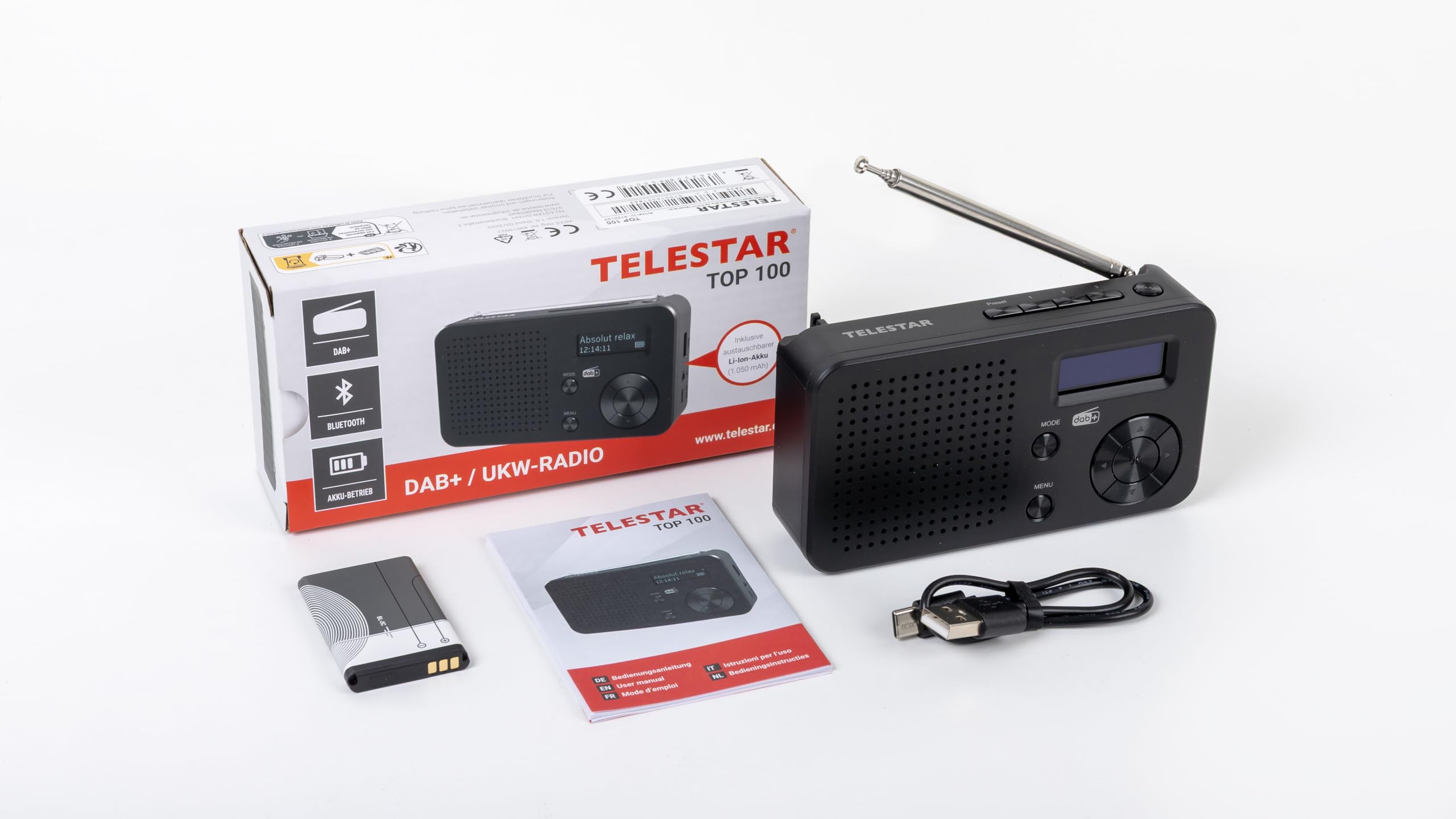 TELESTAR TOP 100 – Radio portatile DAB+/FM con batteria ricaricabile – Nero | Batteria sostituibile, fino a 15 h di autonomia, ricarica rapida, streaming Bluetooth e lettore USB