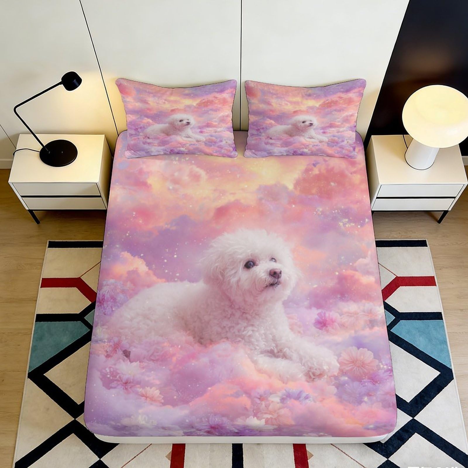 3D Printed Pastel Cloud Dog Fitted Sheet Microfiber Soft Anti-Slip Mattress Cover for Bedroom Guest Room Decor 90x200x25cm