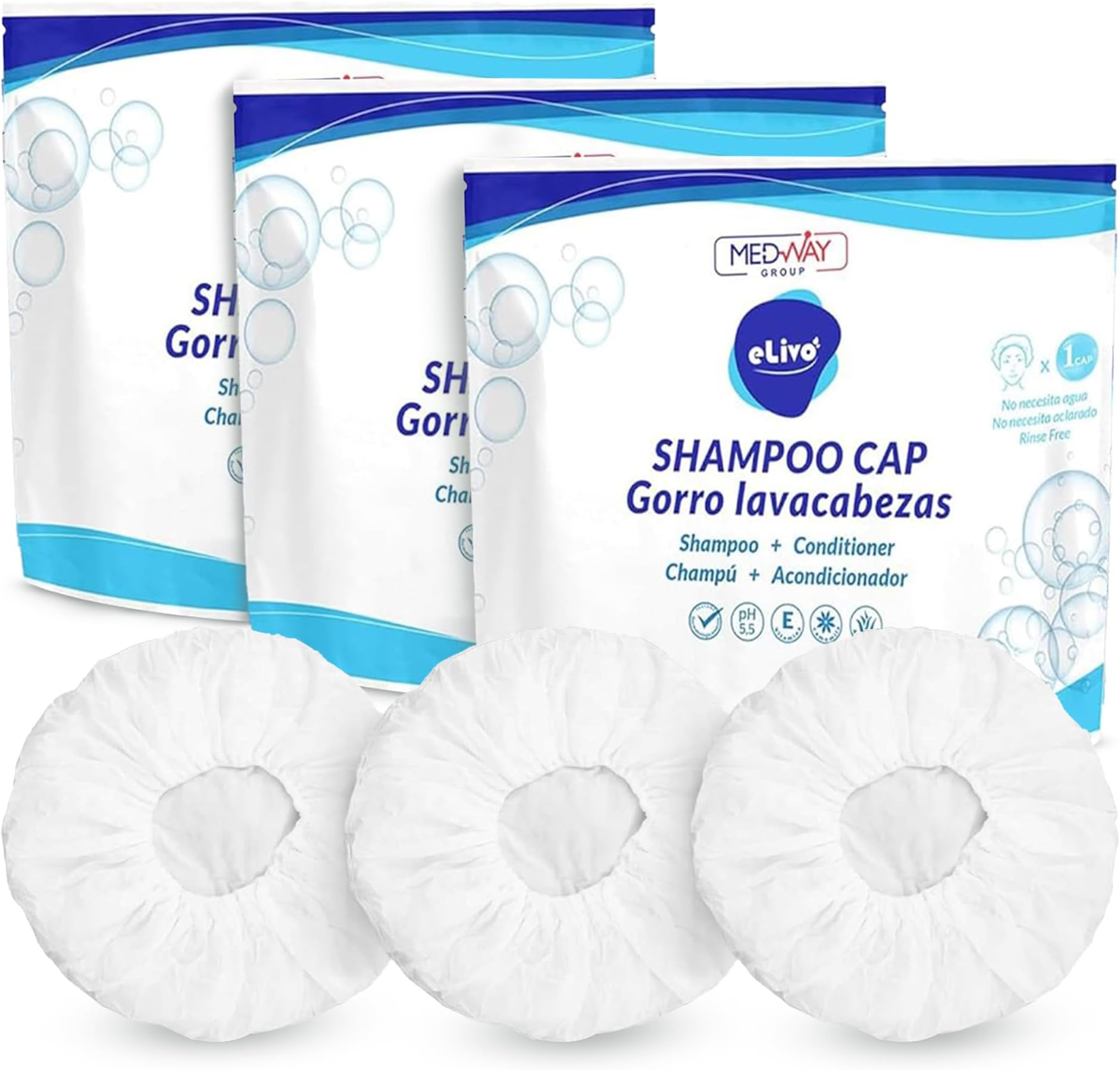 MedVance No Rinse Shampoo Cap | Rinse Free Shower Cap that Shampoos & Conditions | PH Balanced & Hypoallergenic Waterless Hair Wash | 3 Pack