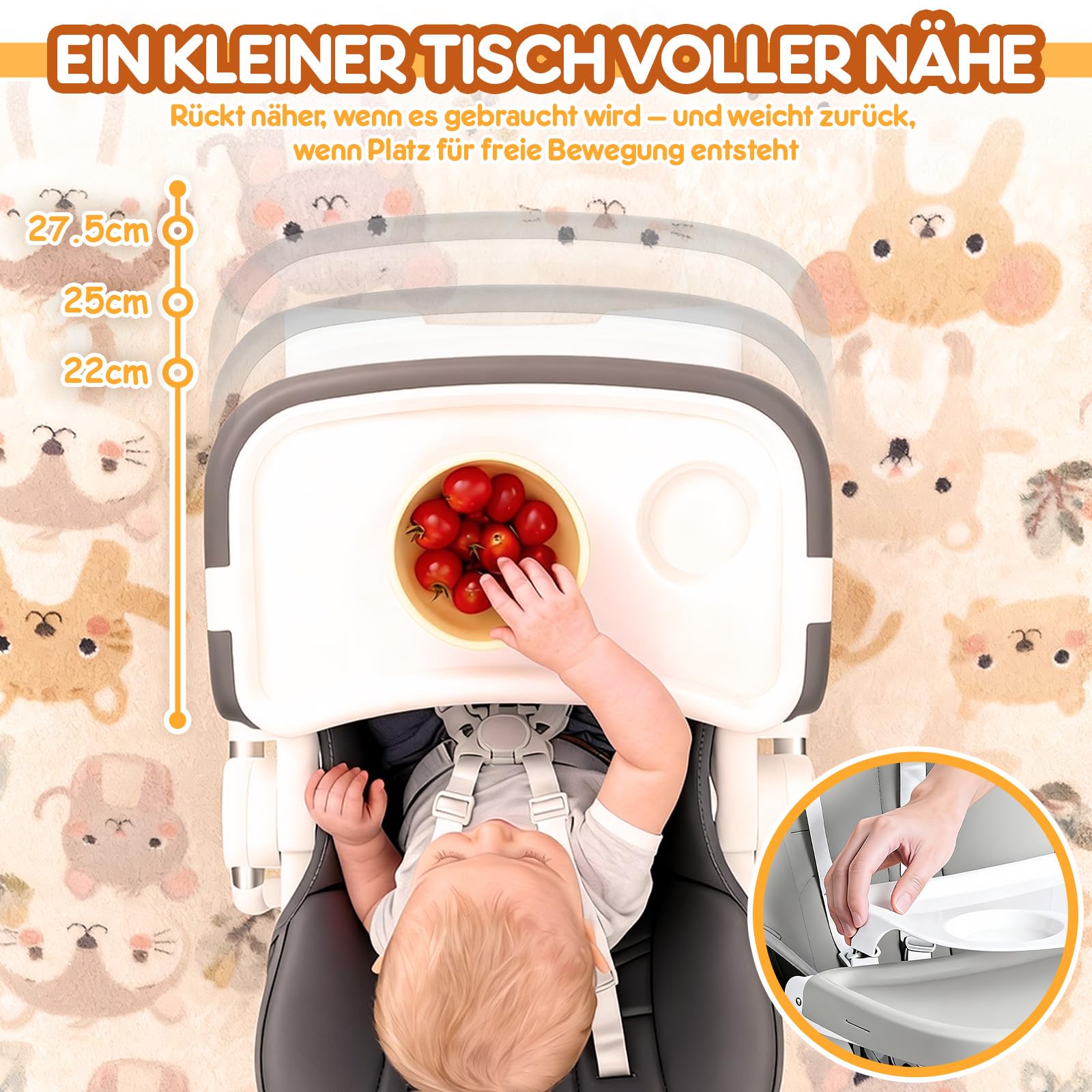Soontrans Hochstuhl Baby, Sicher am Familientisch zum Essen Spielen Entdecken, Mitwachsend Ab Geburt bis Kleinkind, Liegeposition & Höhenverstellbar & Klappbar, aus Metallrahmen & Gepolstert(Anthrazit