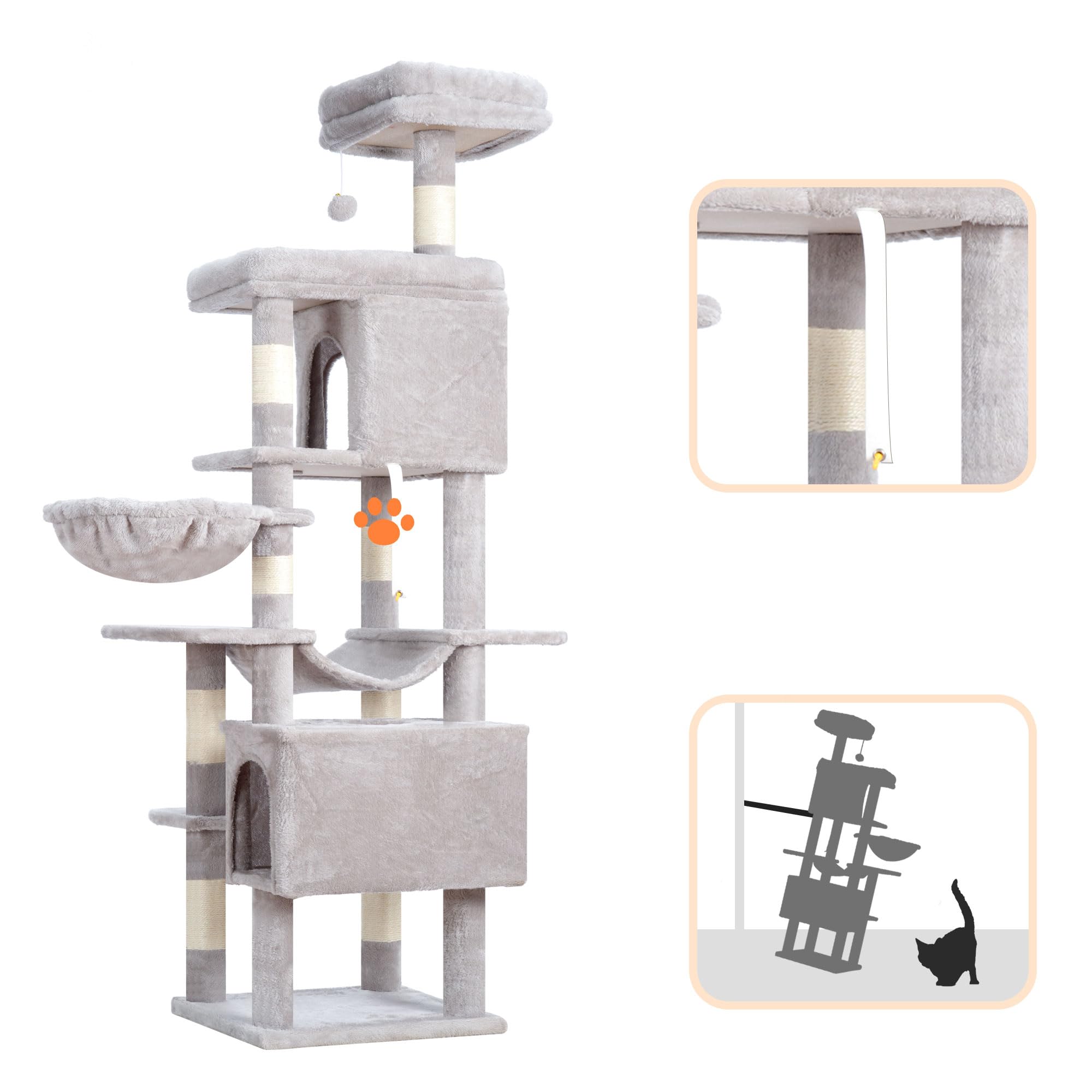 Heybly Arbre À Chat, De 178 cm De Hauteur, Colonne À Griffer pour Les Chats D'Intérieur, Arbre À Chat Multi-Étagé avec 8 Colonnes À Griffer, 2 Trou, 2 Plateformes, Hamac, Panier, Gris Foncé HCT036W