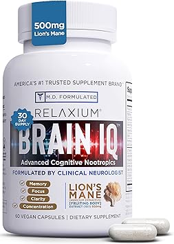 Relaxium BrainIQ Nootropic Brain Supplements | Memory Supplement for Brain Health | Cognitive Supplement & Memory Pill with Lions Mane | L-threonine & Coffee Extract - 60 Count