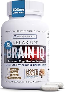 Relaxium BrainIQ Nootropic Brain Supplements | Memory Supplement for Brain Health | Cognitive Supplement & Memory Pill with Lion's Mane | L-threonine & Coffee Extract - 60 Count (Pack of 1)