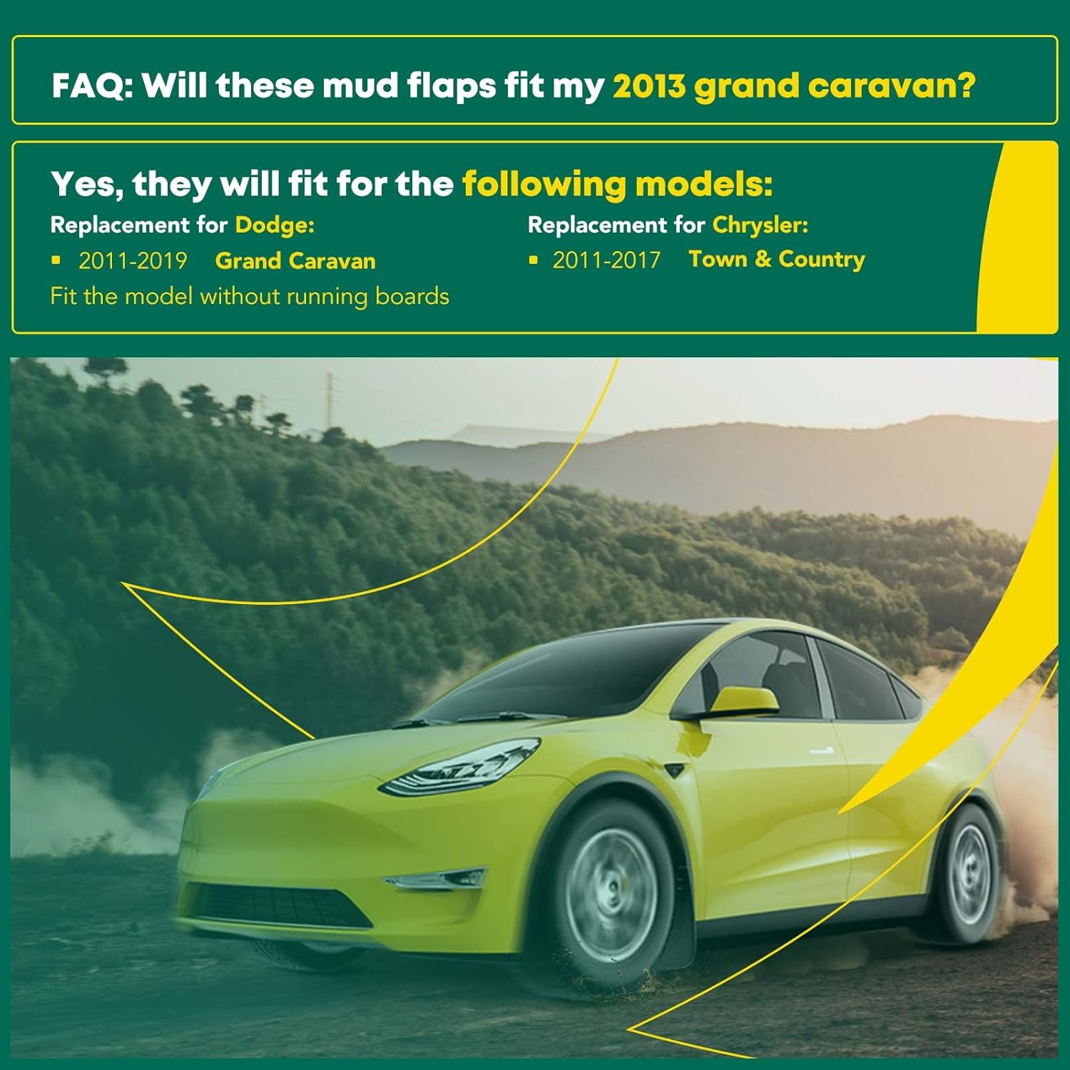 YHTAUTO Set of 4 Mud Flaps Splash Guards Accessories Replacement for Dodge Grand Caravan 11-17, Chrysler Town & Country 11-17, Mini Passenger Van, Without Running Boards, Front and Rear LH RH, Black