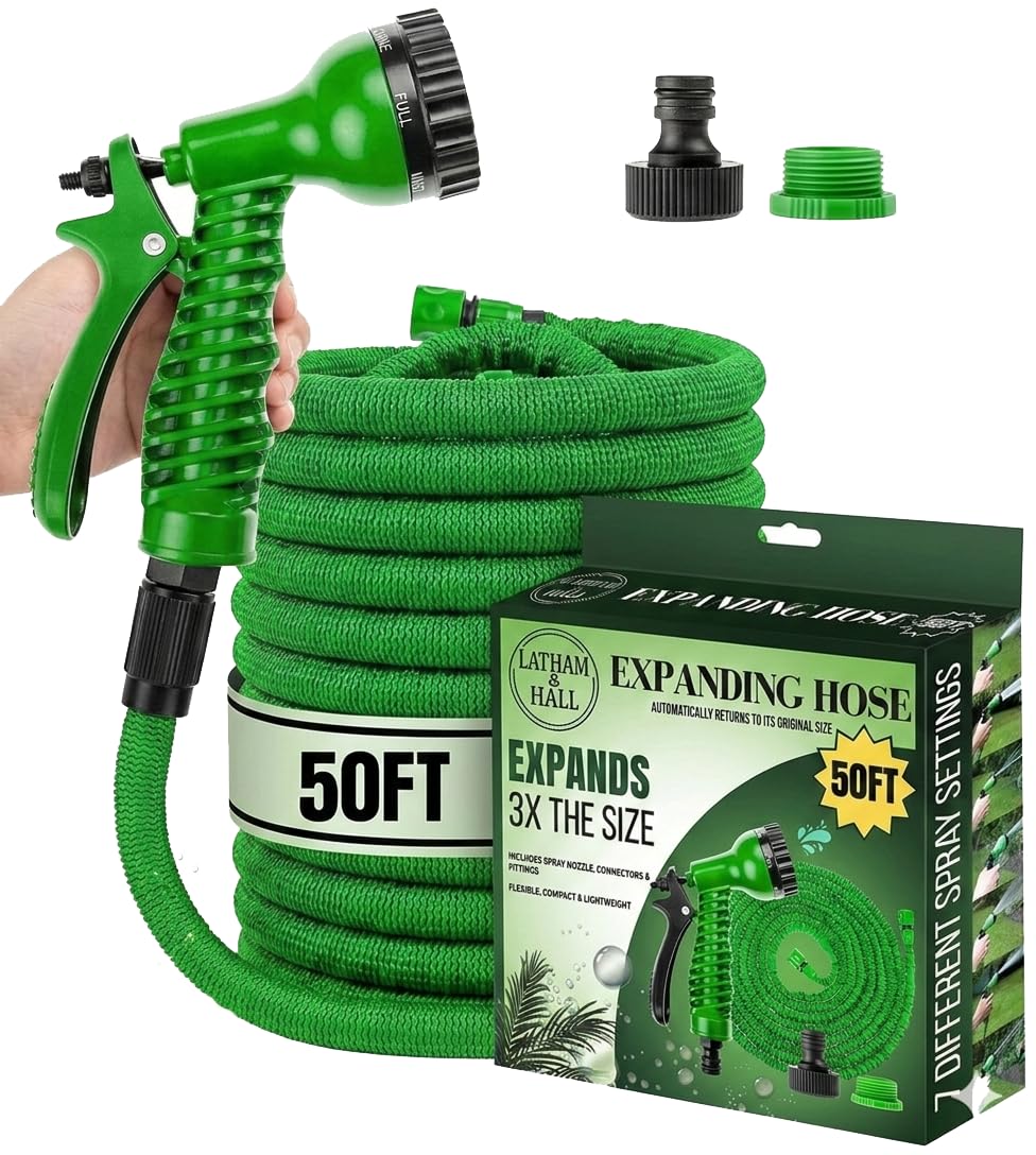 Latham & Hall Green 50Ft Expanding Garden Hose Pipe – Flexible, Lightweight, Kink-Free Water Hose With Spray Nozzle – & Blue (Green)