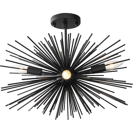ZIRALIO Black Sputnik Chandelier Starburst Chandelier Light Fixture Flush Mount Ceiling Light for Bedroom Kitchen Island Entryway Foyer, 19in 10LB Solid Metal