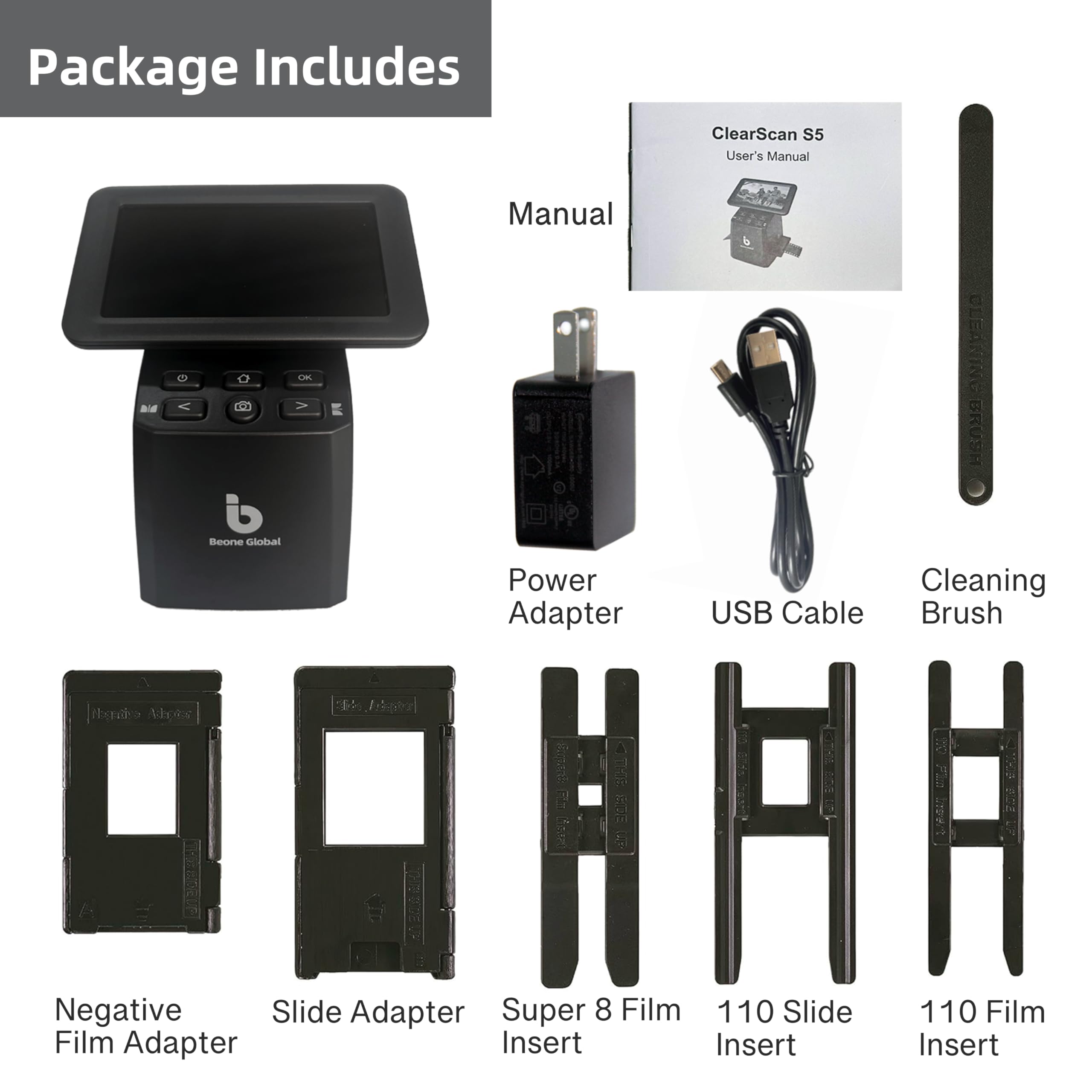 BEONEGLOBAL ClearScan S5 Escáner de película de alta resolución y escáner de diapositivas con pantalla LCD de 5 pulgadas, convierte 135, 126, 110 negativos Super8 y se desliza a fotos digitales JPEG