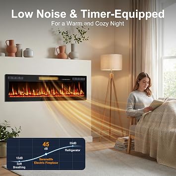 BOSSIN 68 Inch Ultra-Thin Silence Linear Electric Fireplace, Recessed and Wall Mounted Fireplace, Fireplace Heater with 12 Adjustable Flame Color, Remote Control, Log & Crystal Options, 750/1500W