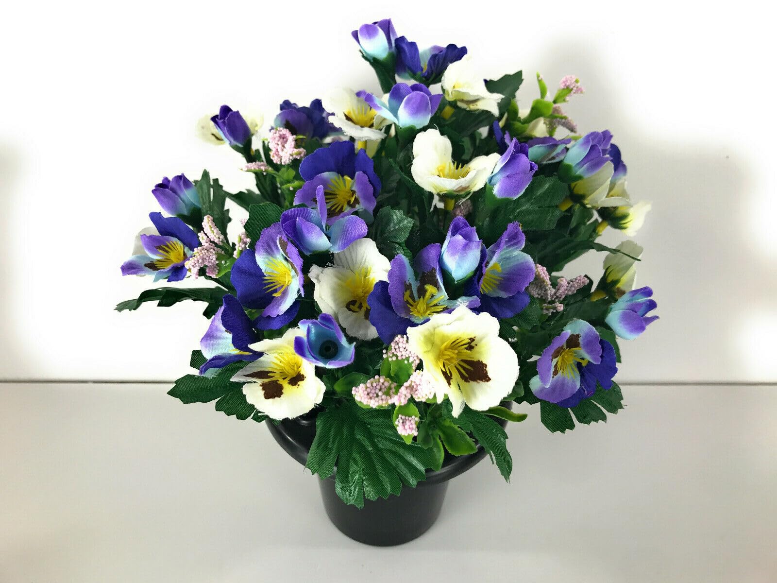 Direct Florist Supplies Multicolor - Artificial Flower Grave Pot - Graveside Cemetery Memorial Arrangement - Colourful Spring Summer (Purple & White Pansy)