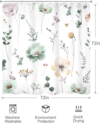 Miniatura 4 de Omifly Cortina de ducha con diseño floral de acuarela de 72 pulgadas de ancho x 72 pulgadas de alto, cortina de ducha de flores verde salvia beige