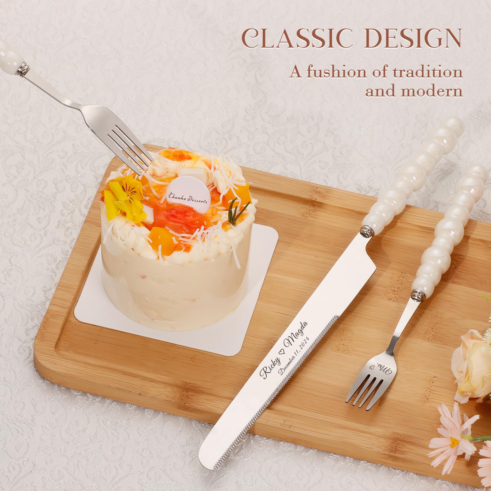 Perle Ensemble de Couteau Et Serveur de Gâteau de Mariage avec Fourchettes, Argent Ensemble de Découpe de Gâteau en Acier Inoxydable pour le Mariage Comprennent un Coupe-Gâteau et un Serveur (4)