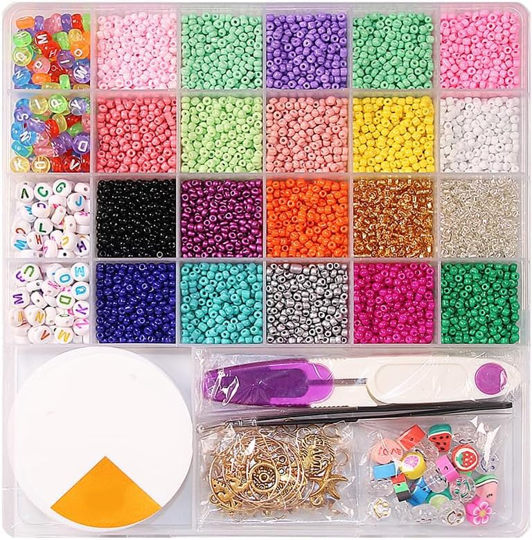 AquaFalcon 7500pcs+ 4mm Seed Beads for Jewelry Making, 1200 Pcs Letter Beads Friendship Bracelet Kit, Glass Seed Beads Bracelets Making Kit with Elastic String - Crafts for Girls Birthday Gifts
