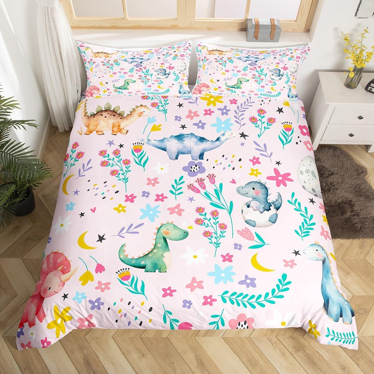 Erosebridal Floral Dinosaur Duvet Cover Toddler for Kids Baby Colorful Ancient Animal Comforter Cover Spring Botanical Cartoon Floral Flower Bedding Set Dreamy Fantasy Girly Preppy Cute Bed Set