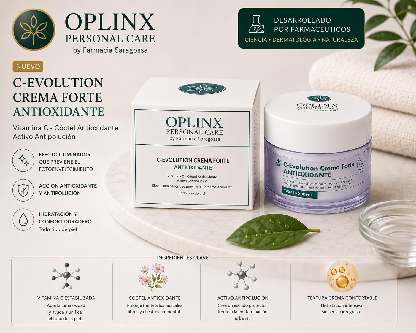 OPLINX C-Evolution Crema Forte Antioxidante, Vitamina C, Activo Antipolución, Todo Tipo de Piel