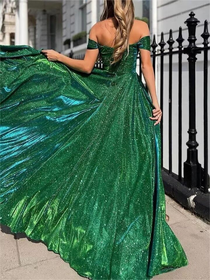 Off Shoulder Prom Dresses for Women 2024 Sparkly Sequins Ball Gown Split Long Evening Formal Party Gowns with Pockets GL00073