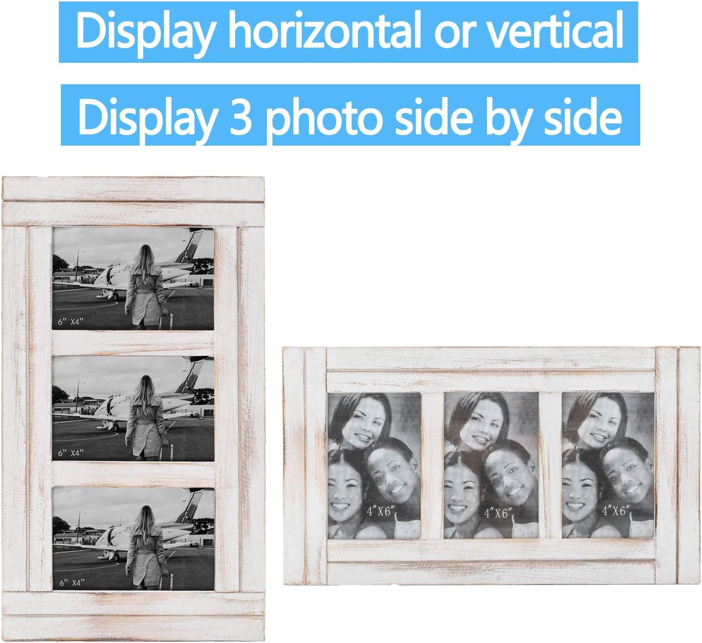 RiteSune 3 Picture Frames 4x6 for Wall, Photo Collage Frame Present for Christmas Birthday, Rustic Photo Frames for Home Wall Decor（White