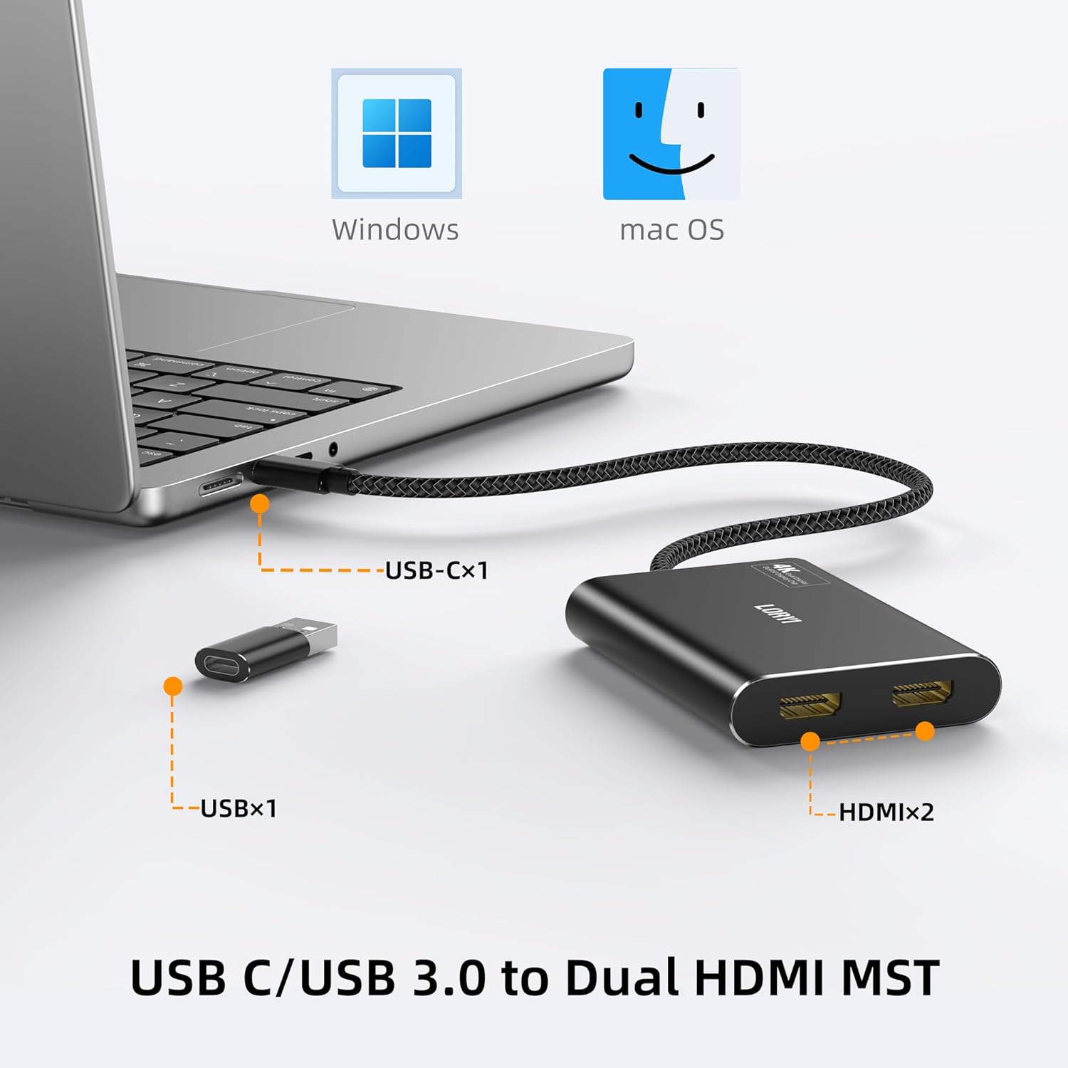 DisplayLink USB/USB-C to Dual HDMI Adapter 4K@60Hz HDMI Splitter for M1/M2/M3 Mac,Supports Extended Mode, Multiple Monitor Compatible with Windows,Mac OS Driver Required