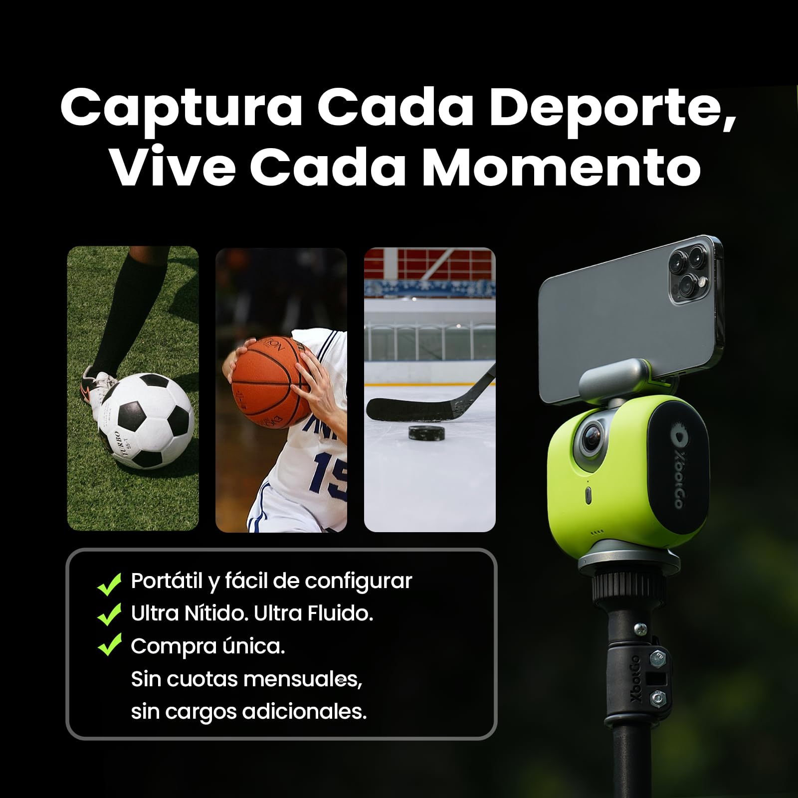 XbotGo Chameleon Cámara Deportiva Automática 4K 60FPS-Cámara de Acción con Seguimiento para Fútbol y Baloncesto en Deportes de Equipo, Transmitir en Directo, Compatible con iOS y Android(Grafito Lava)