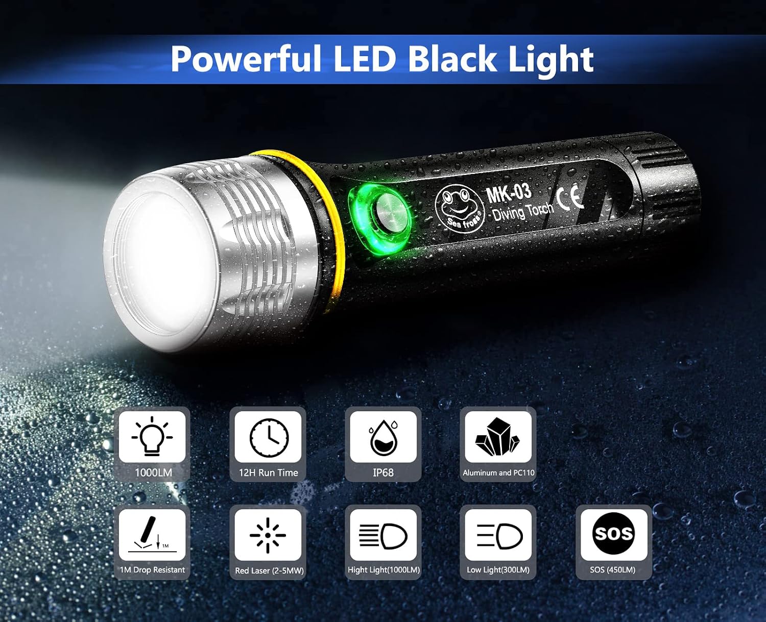 Seafrogs Diving Flashlight,IPX8 Waterproof Underwater Torch, 100 m Underwater Waterproof Submarine Light Fishing Handheld Torch for Outdoor Sports at NightUnder Water Deep Sea Cave (Without Battery)