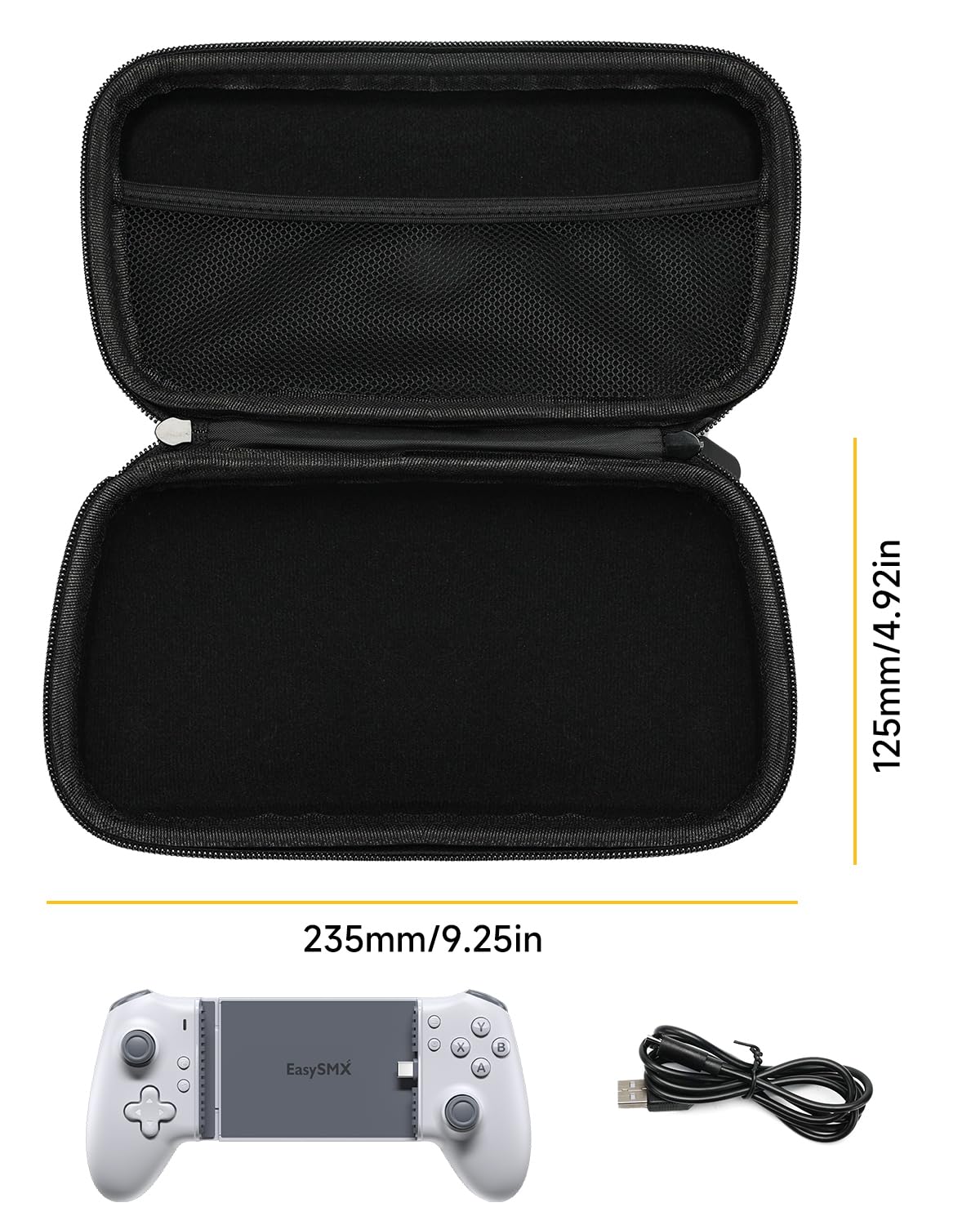 Contents of the EasySMX M15 package including controller, case, and cable with dimensions