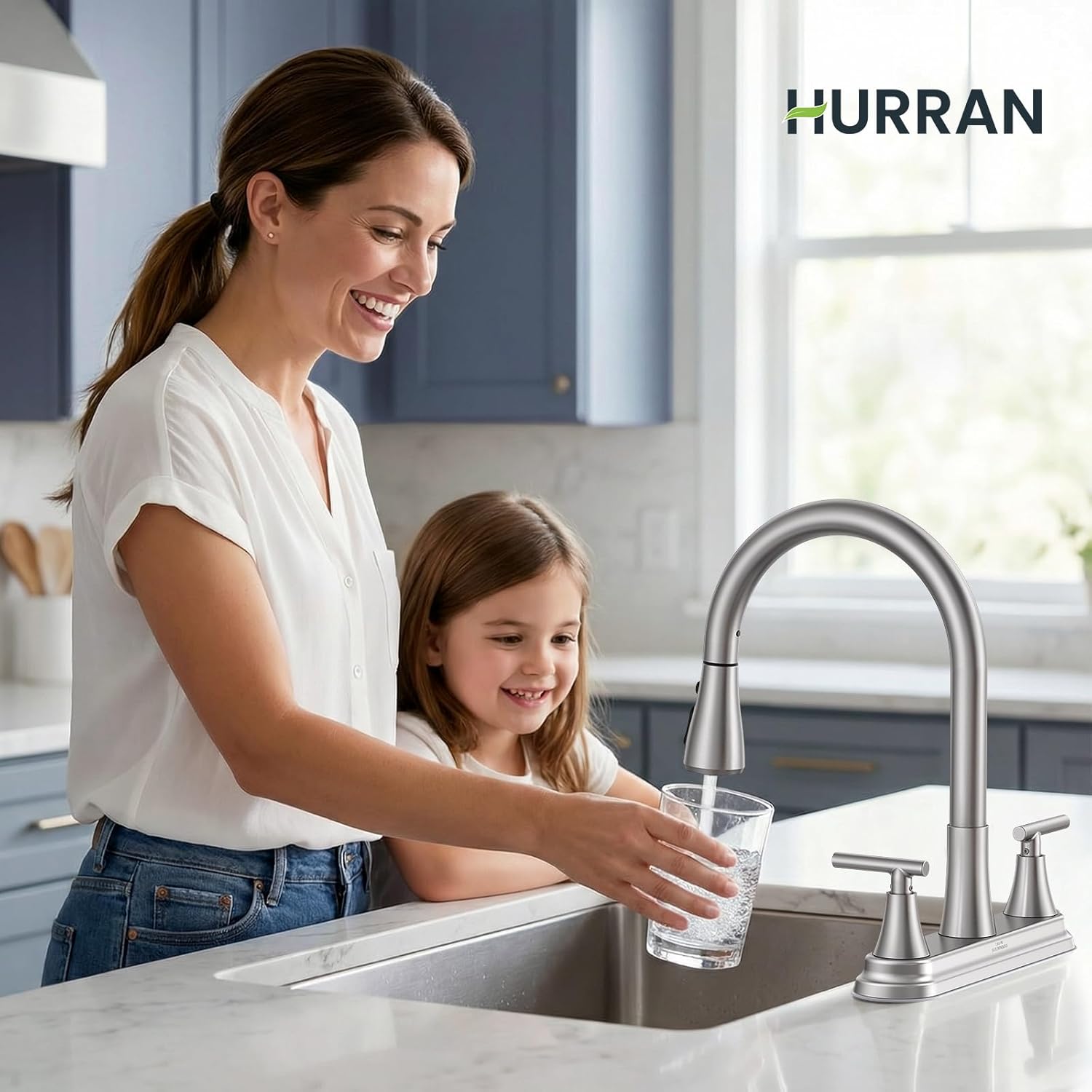 Hurran 8-Inch 2 Handle Pull Down Kitchen Faucet with Soap Dispenser, High Arc 2-in-1 Spray/Stream Stainless Steel Kitchen Sink Faucet for 3-4 Hole Widespread Installation, Brushed Nickel