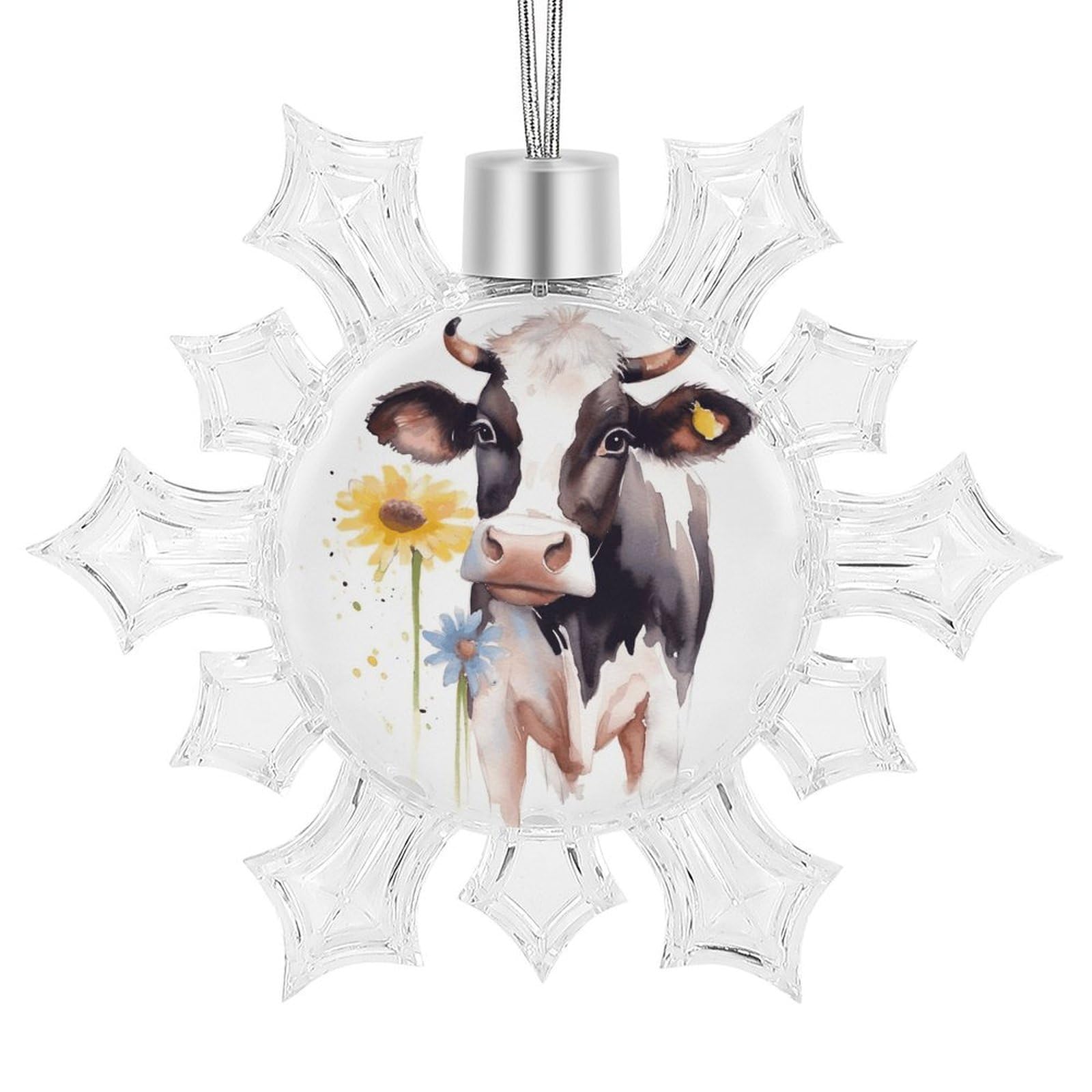 Watercolor Cow and Daisy Flower Snowflake Decorations, Winter Snowflake Ornaments Christmas Party Decorations Christmas Tree Decorations for Xmas Tree Winter New Year Party Supplies