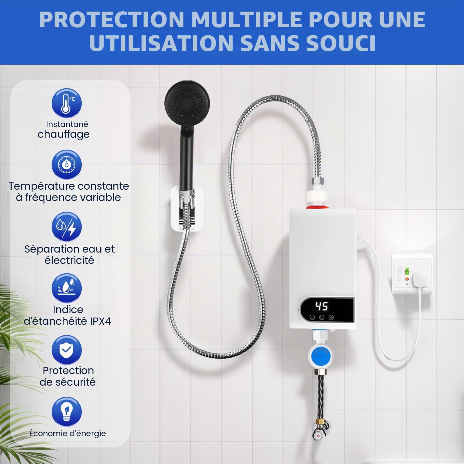 Mini chauffe-eau instantané 5500 W, rapide sans réservoir 220 V, chauffe-eau instantané avec kit de douche, avec indicateur de température LED pour douche (A)