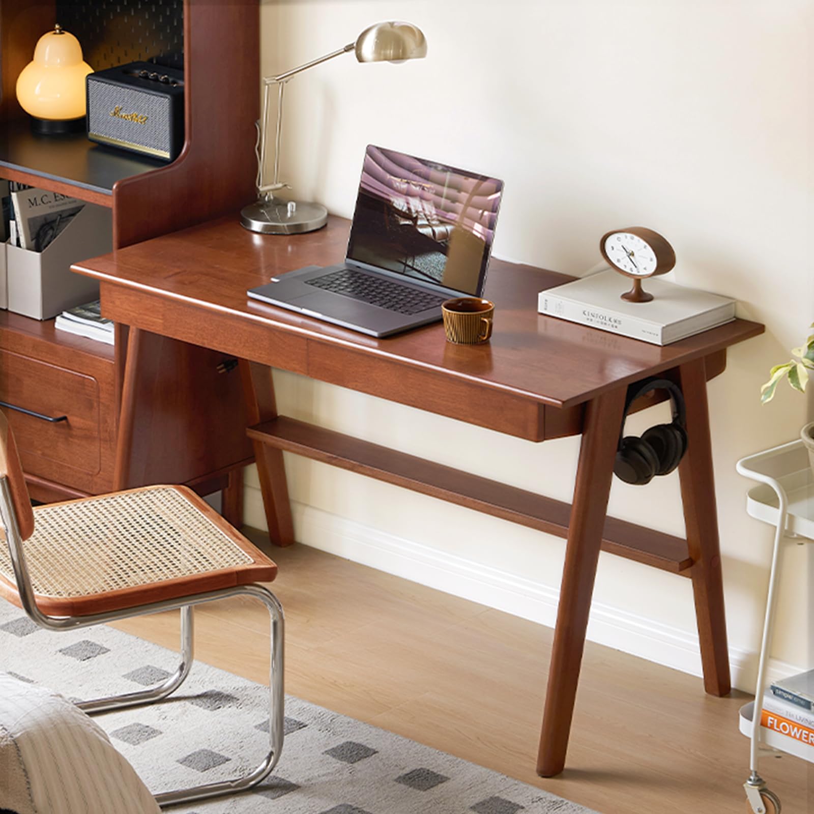 100% Solid Wood Desk Home Office Desk Mid Century Modern Rubberwood Writing Computer Desk with Drawer for Home Office 31" W