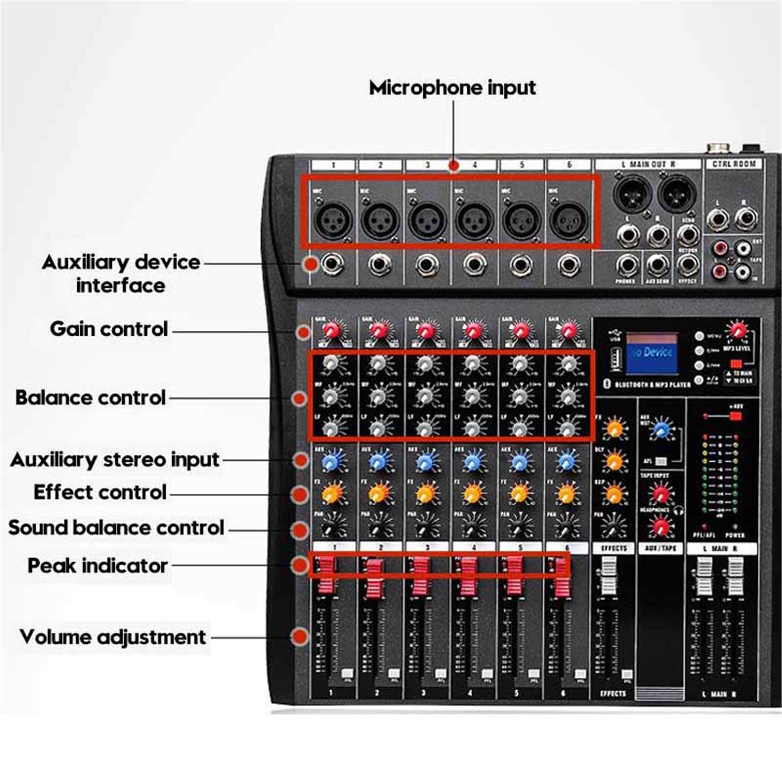 Mikser DJ, miksery na żywo 6-kanałowy kontroler miksera audio Obsługa Bluetooth USB Przenośna konsola miksująca Cyfrowy mikser dźwięku Wzmacniacz ze stołami miksującymi
