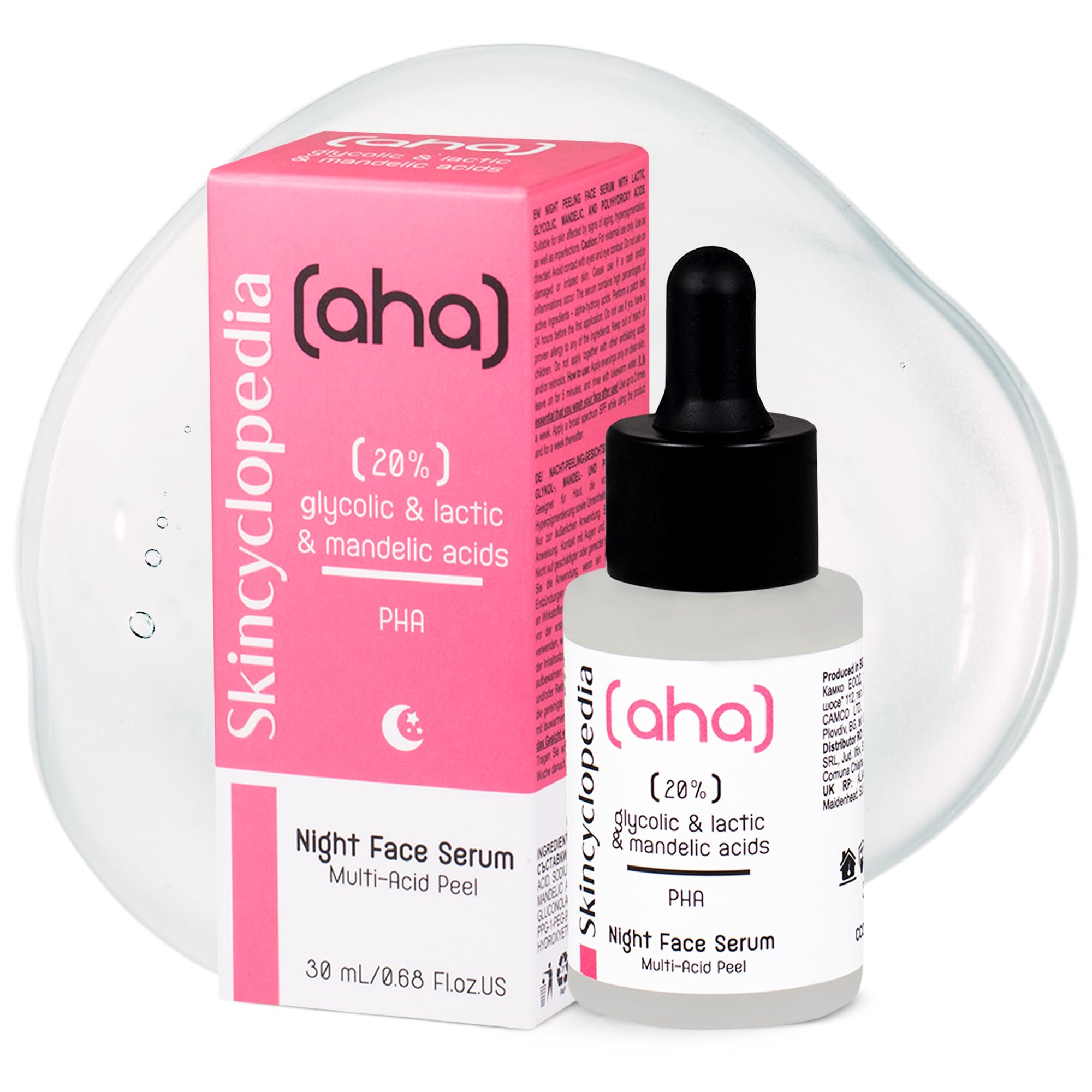 Skincyclopedia AHA Exfoliating Night Serum with 20% Lactic, Glycolic and Mandelic Acid and PHA - Chemical Peel Solution for Spots, Hyperpigmentation, Acne Scars and Pores - for Men and Women, 30ml