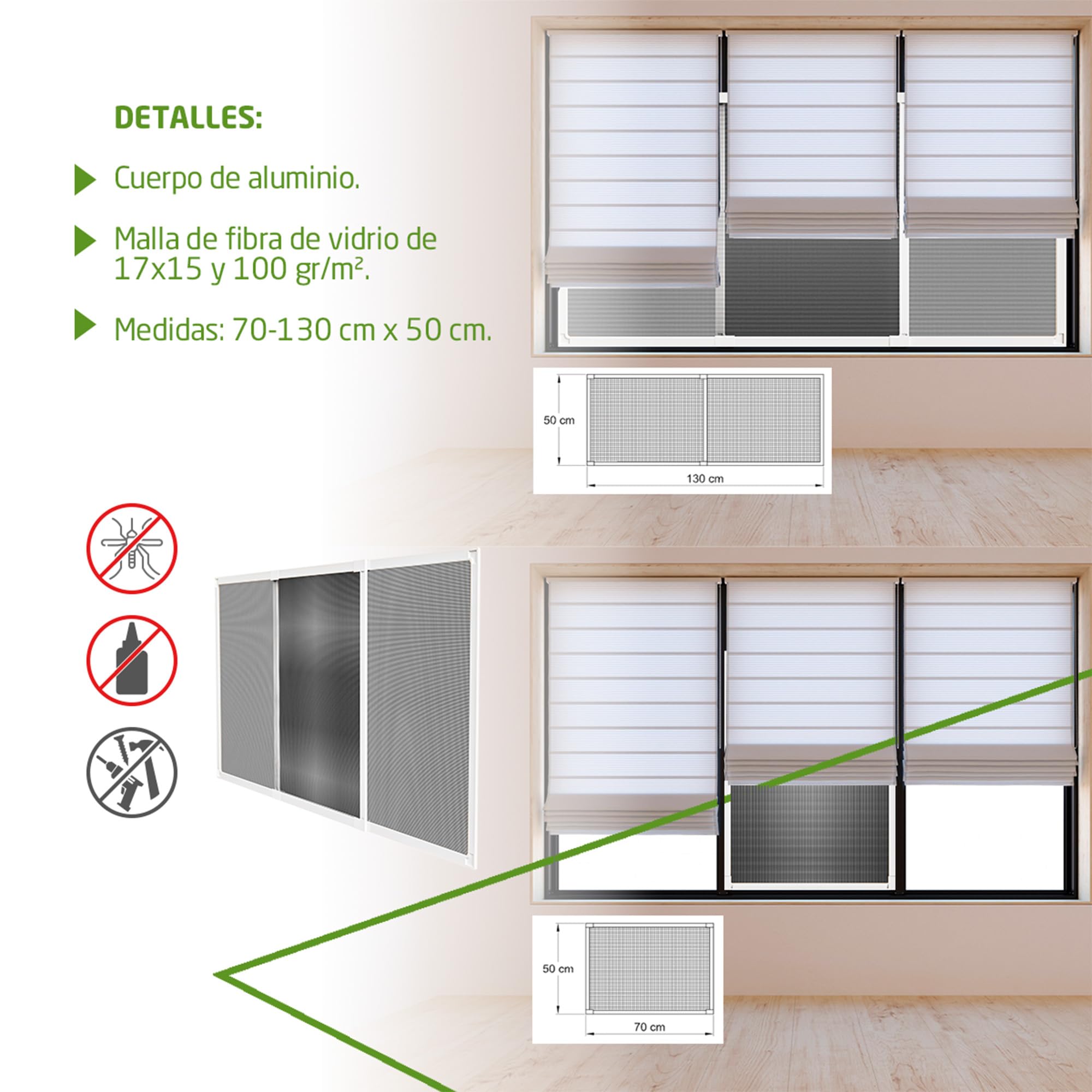 Amig – Mosquitera Extensible para Ventanas - Instalación sin Tornillos - Encajable en el carril de la persiana - 70 x 50 cm - Ajustable hasta 130 cm - Aluminio Blanco y Malla de Fibra de Vidrio gris