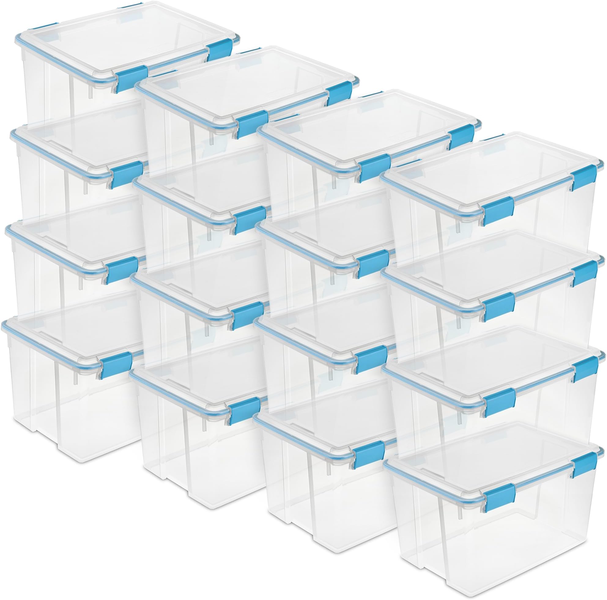 16-Pack Gasket Box, Weather-Resistant Storage Bins with Latching Lids, 54 Quart - Heavy-Duty Organizing Containers for Closet, Bathroom, and Office