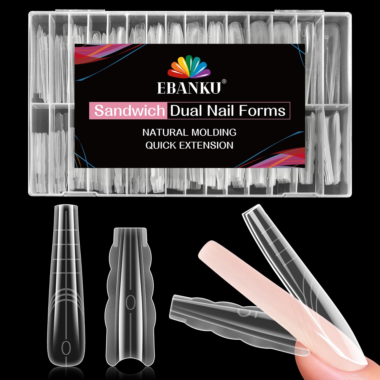 EBANKU 280PCS Sandwich Moldes Uñas, Transparent Top & Bottom Dual Nail Forms Stiletto Moldes Polygel Acrilicas Uñas Postizas para Herramientas de Manicura de Extensión — view 11