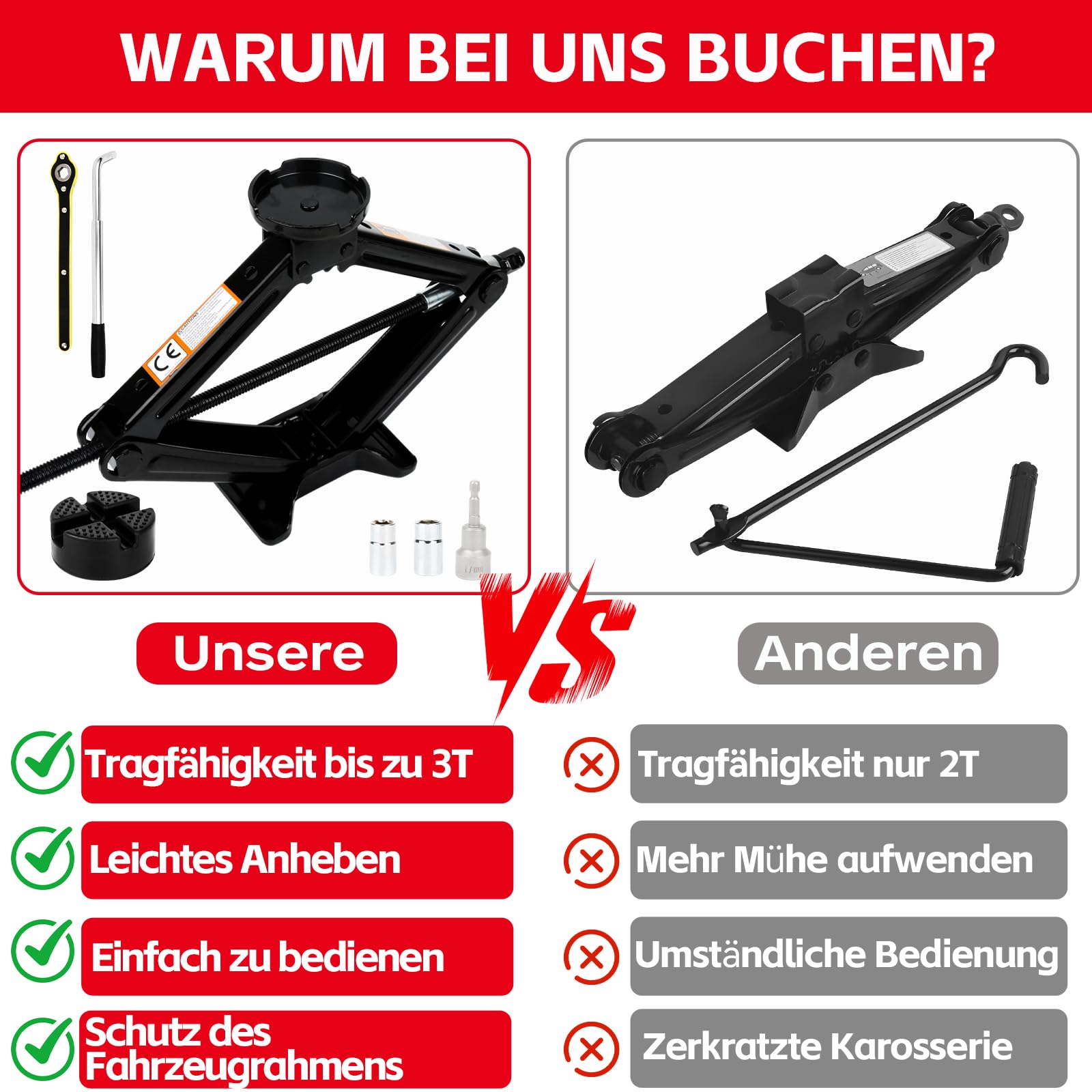 Warmfay Gato hidráulico 3T/3000 kg, gato universal de tijera de 100 a 430 mm de altura de elevación con revestimiento de goma para coche, portátil, resistente, de acero, incluye llave de tuercas de