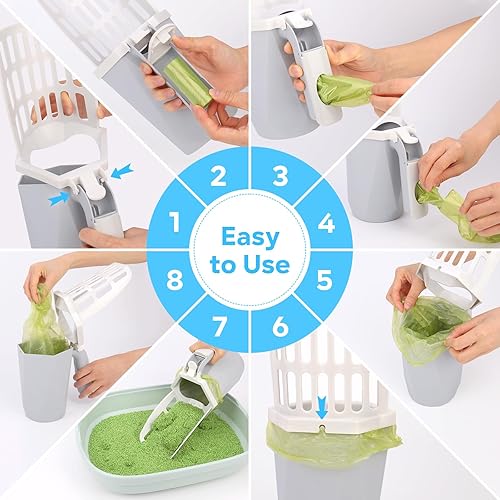 Miniatura 4 de MYPIN Pala de arena para gatos con soporte, pala de arena para gatos con bote de basura y recarga de 195 bolsas, pala de arena portátil para gatos