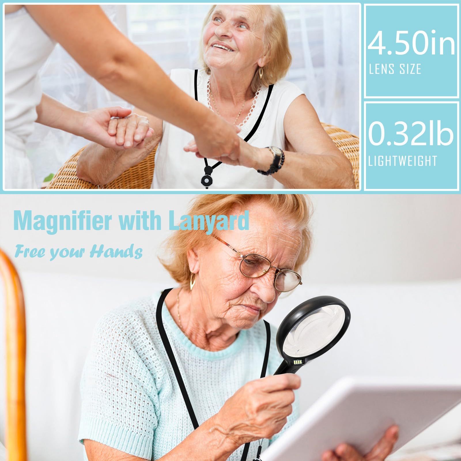 Miao'er Große Lupe mit Licht zum Lesen, 11,4 cm Objektiv, 3-fach, 6-fache Handlupe mit Umhängeband, 4 leistungsstarke LED-Leuchten, ideal zum Lesen von Senioren, Schmuckidentifizierung,