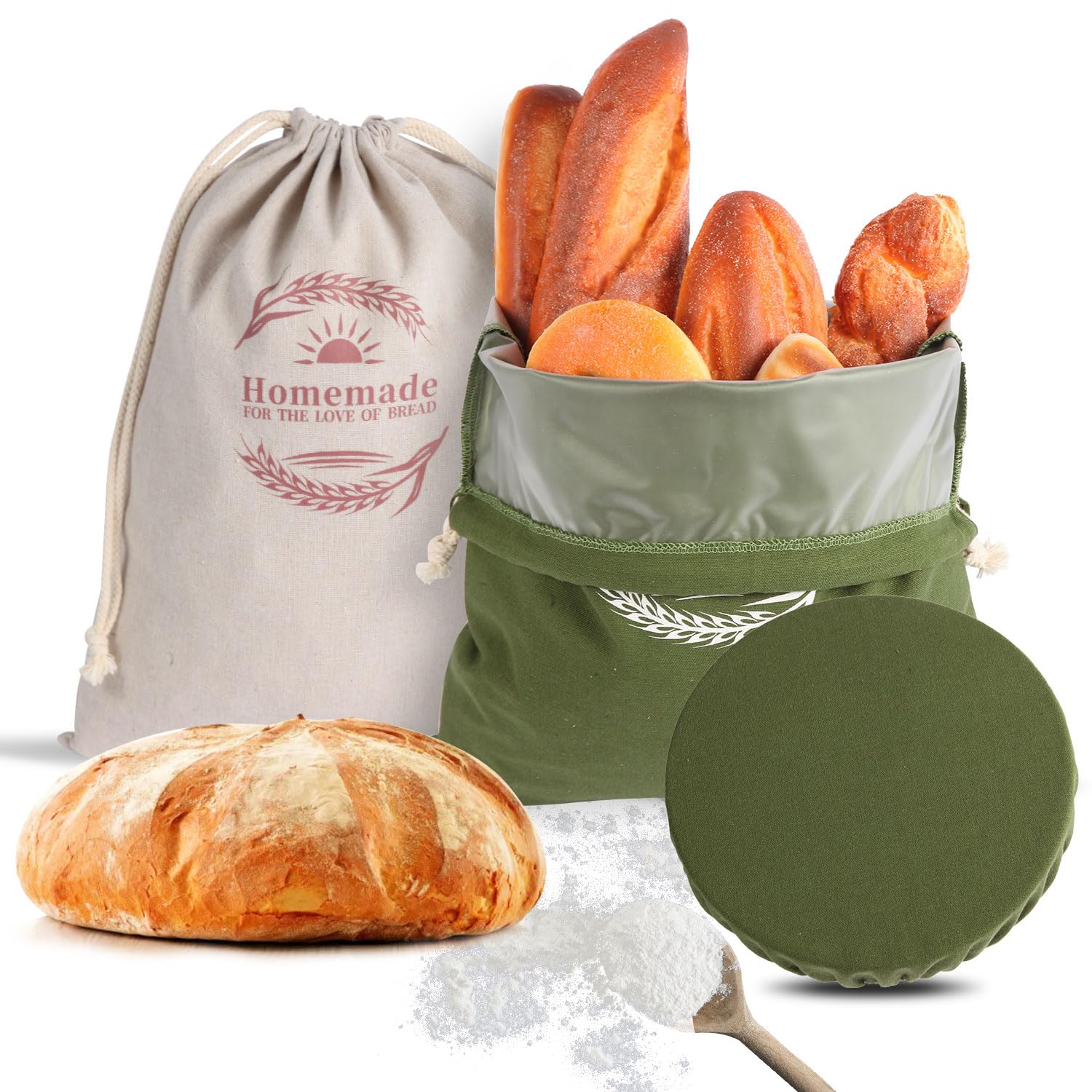 Iemegumi Linen Bread Bags Set and Proofing Bowl Cover For Homemade Sourdough Bread - Reusable and Easy to Clean Large Storage Bag - Keep Artisan Loaf