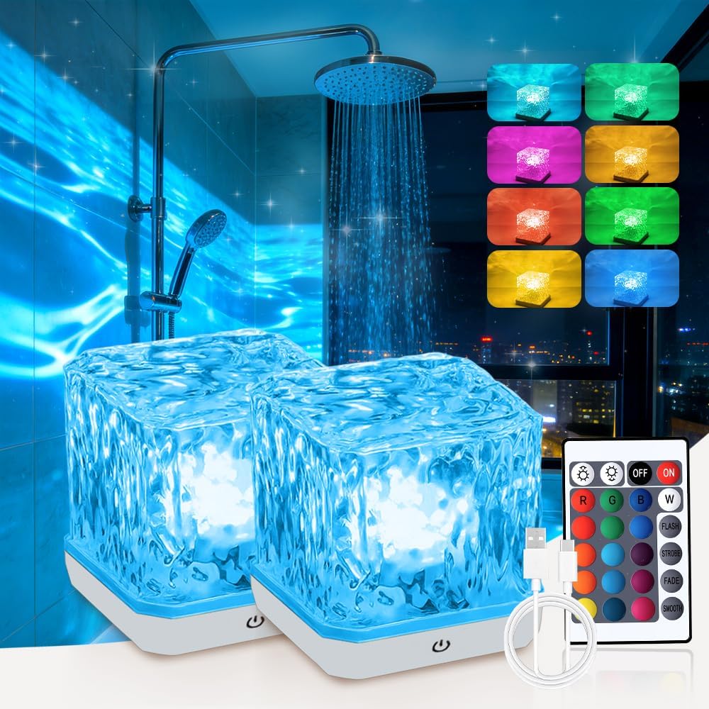 2026 New Rechargeable Shower Light No Wiring, 16Color Dimmable Waterproof Shower Lamp with Remote, Changeable Ocean Wave Projector Light, Rotating Flame Water Ripple Lamp for Shower (16color*2)