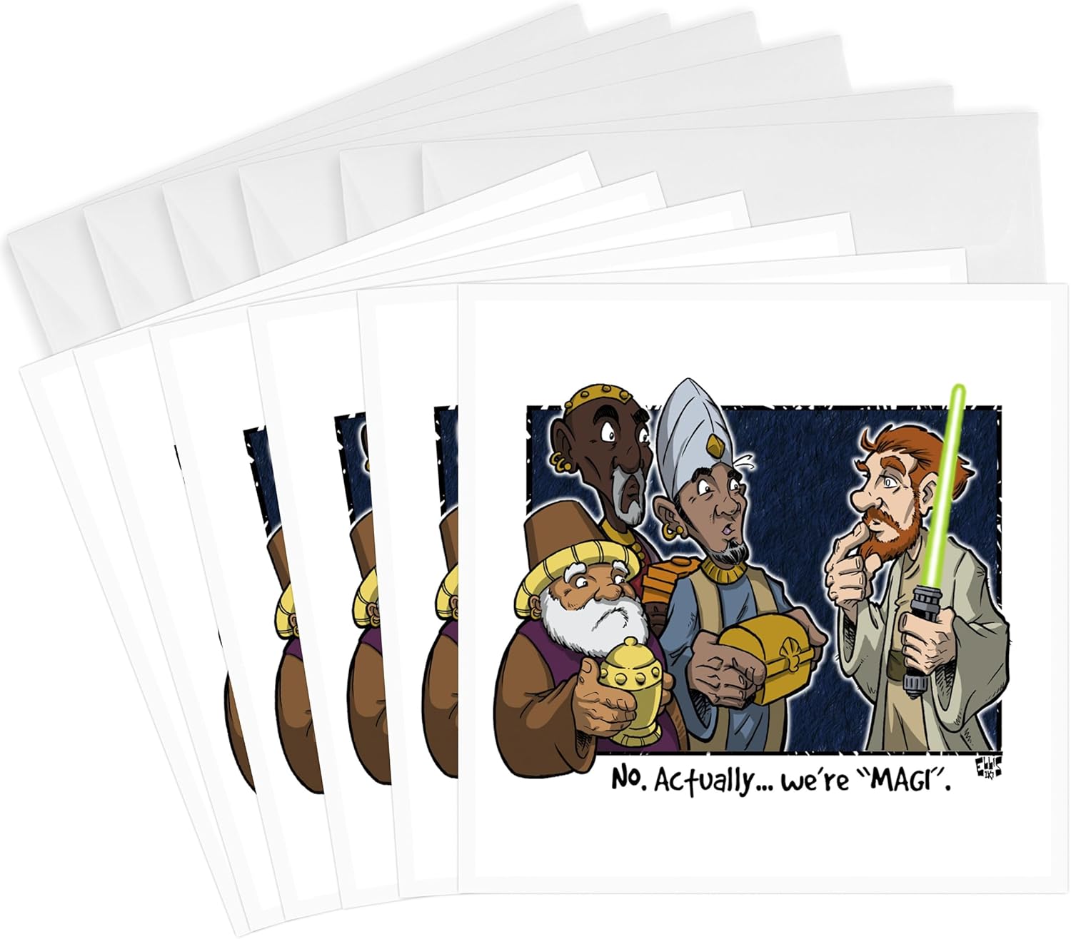 Greeting Cards - Tim Ellis Cartoon about Christmas Magi and Starwars Jedi - 6 Pack - s Cartoon Days of Christmas TCDC