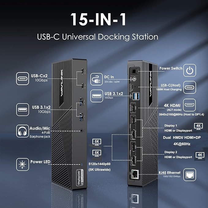 WAVLINK Docking Station Triple Monitor 4K 60Hz, 100W Carga, 13 Puertos miniatura 2