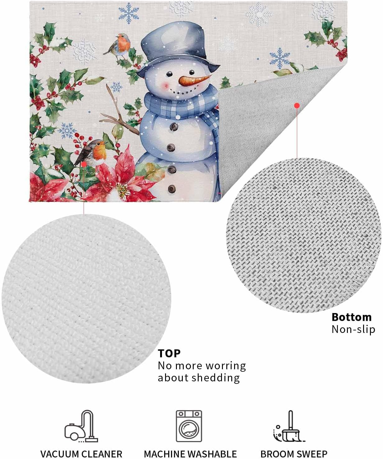 Savannan Floor Mats,Christmas Snowman Snowflake Robin Holly Poinsettia Scarf Winter Non Slip Latex Backing Ultrathin Loop Pile Door Rugs for Dining Room Office Home Decor 20"x32"