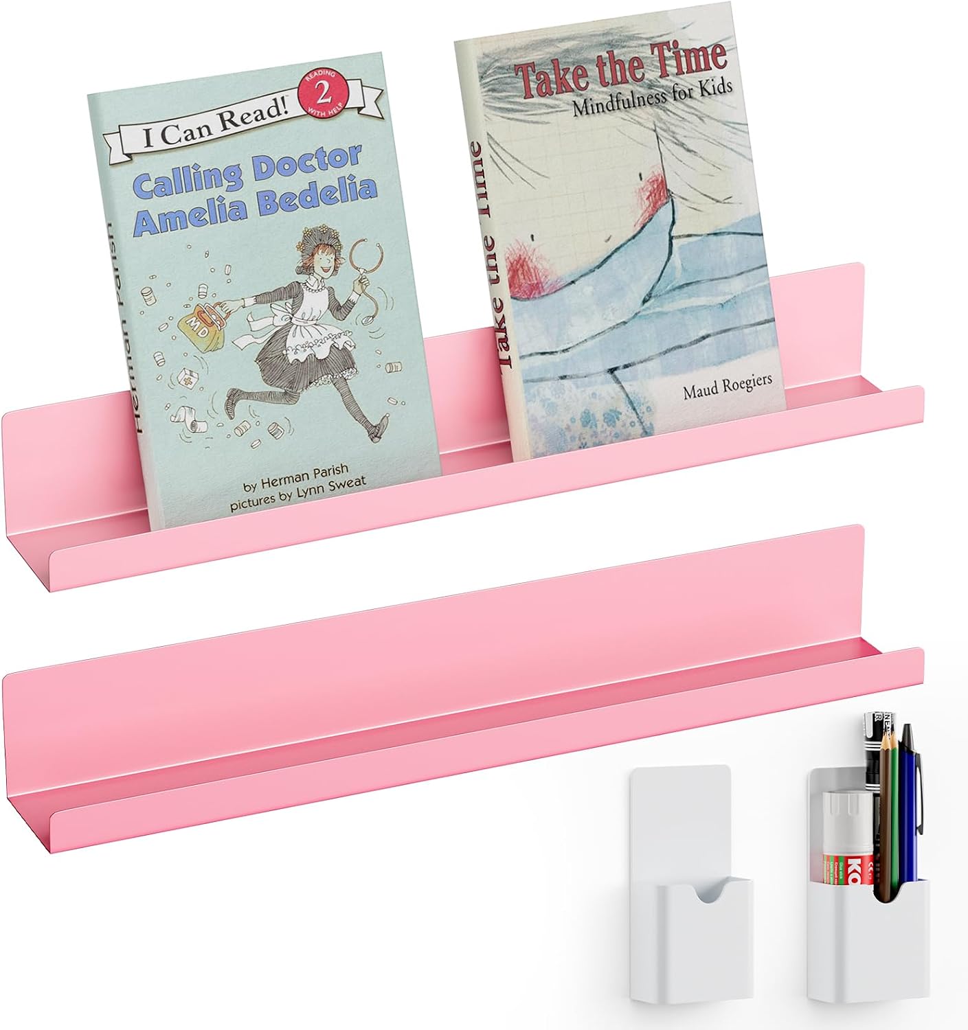 DTUQYX Magnetic Book Shelf for Whiteboard 2-Pack: Metal 17” Magnetic Shelves for Classroom Strong Adsorption with 2 Pen Containers, Movable Floating Book Display Shelf, Office File Holder (Pink)