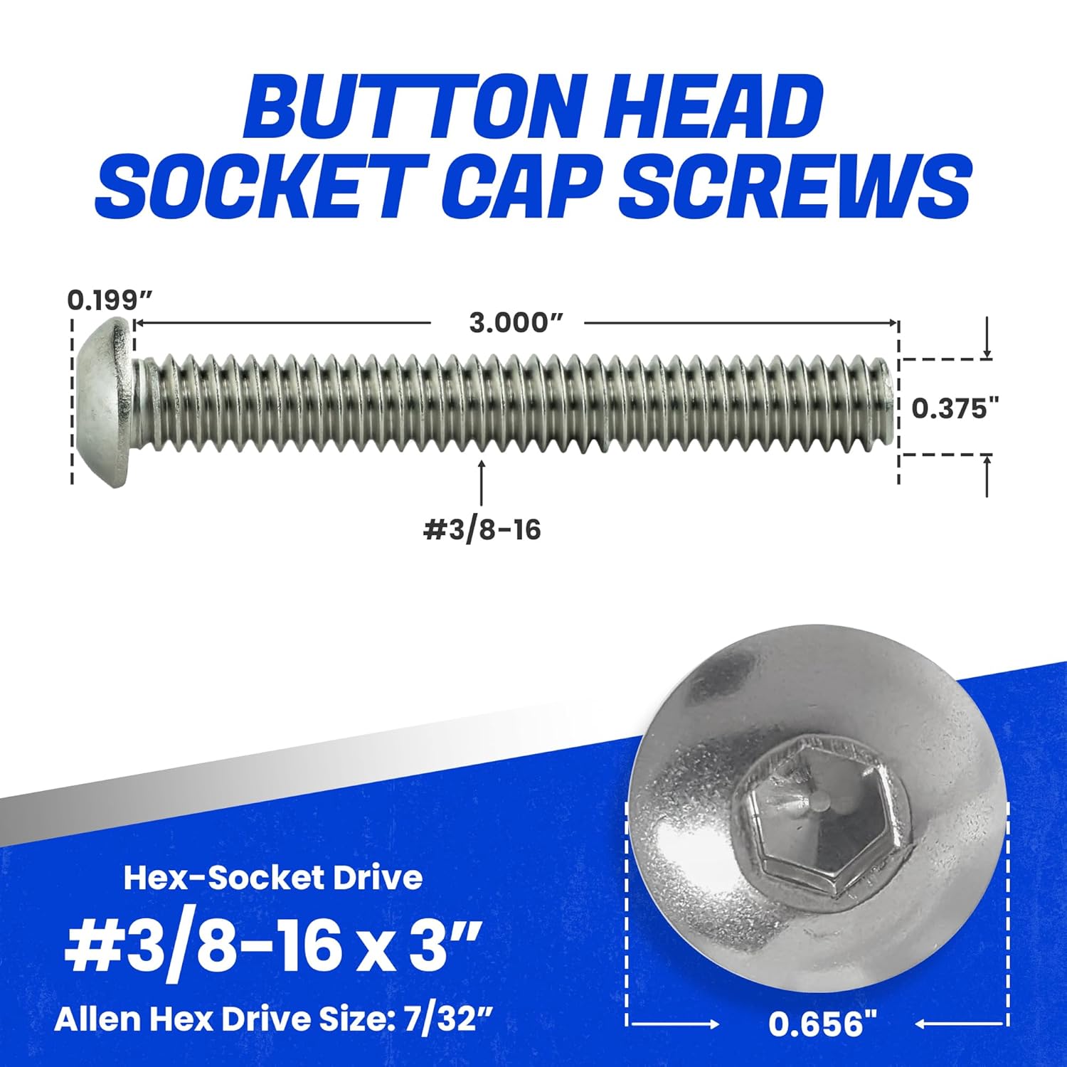 Fastenere Button Head Socket Cap Screws - 3/8-16 x 3 (10 Pack) Stainless Steel 18-8, Full Thread, Bright Plain Finish, Corrosion-Resistant, Machine Thread, Easy to Install w/Allen Socket Drive