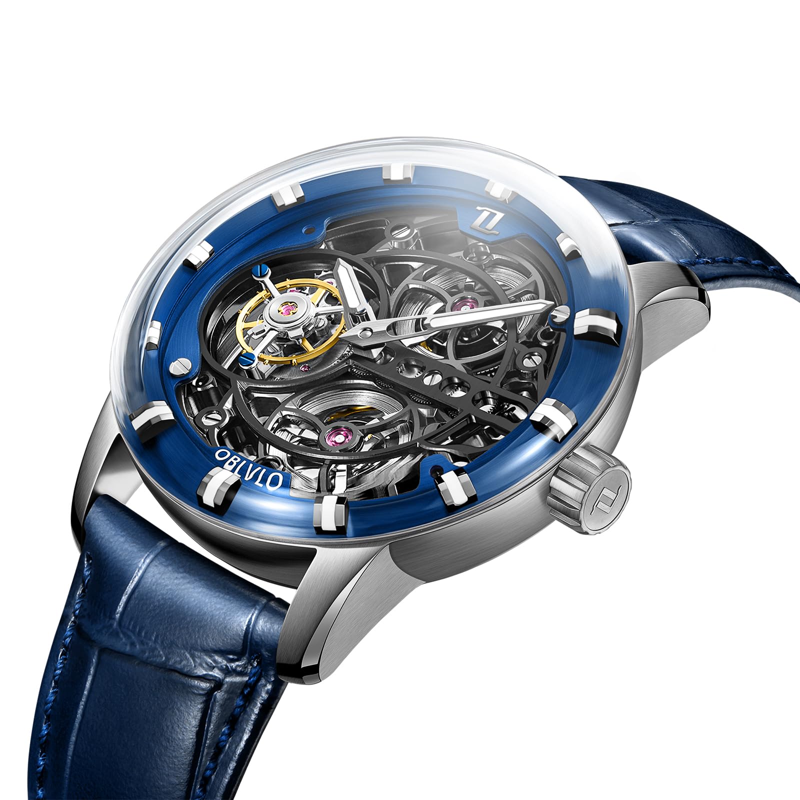 OBLVLO Top-Marke, luxuriös, hohl, wasserdicht, mechanische Herrenuhr, echtes Leder, Saphirglas, Tourbillon, Handaufzug, IM-SK-B-TB