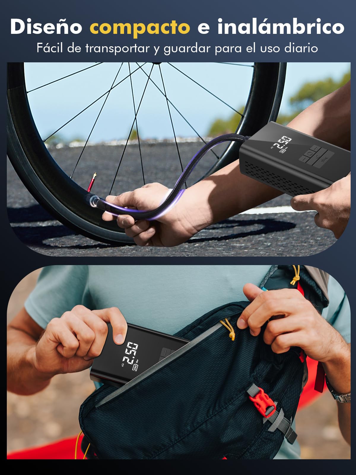 DIHOOM Compresor de Aire Portátil 45L/Min con Batería 6000mAh | Inflador Electrico de Neumáticos de Coche de 45L/min con Soporte de Power Bank, Iluminación LED Batería de 6000mAh,4 Modos