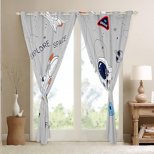 Miniatura 4 de Feelyou Cortinas de astronauta para niños, con estampado de cohetes espaciales, para niños y niñas, galaxia, cosmonauta, espacial, tratamiento,