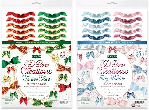 Katy Sue Paquete de creaciones de lazos 3D - 120 lazos de papel troquelados en rojo, verde, dorado y azul helado, rosa y plateado para hacer